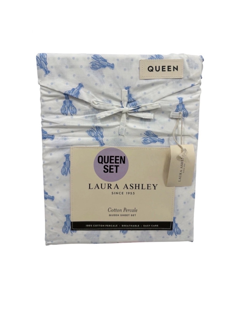 Laura Ashley QUEEN Lobster Polka Dot Blue 4Pc Sheet Set 100% Cotton Percale